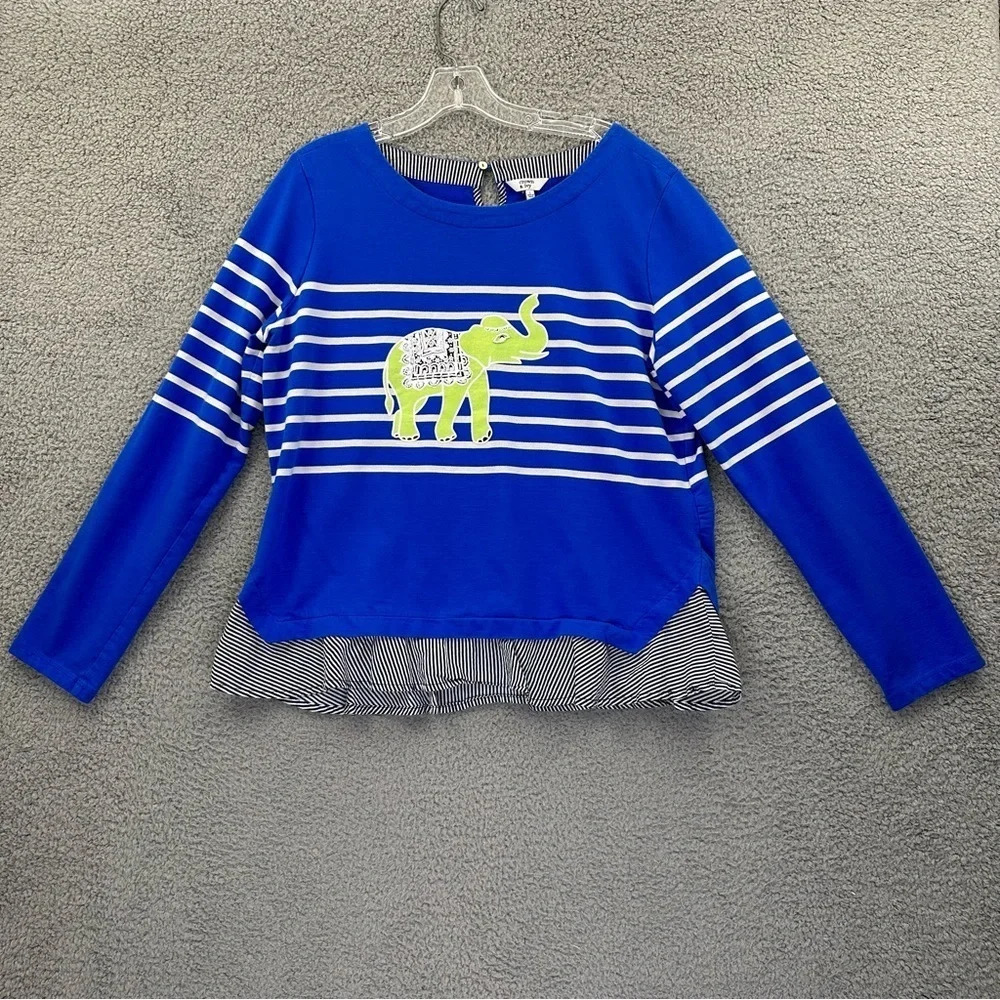 Crown & Ivy Long Sleeve Top Beaded Elephant Blue White Striped Women's Large‎